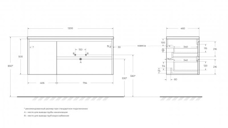 База под раковину подвесная с двумя выкатными ящиками и одной распашной дверцей, правосторонняя 1000