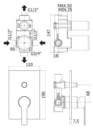 Встраиваемый однорычажный смеситель для душа с переключателем Cezares OVEST-VDIM-01 Встраиваемый однорычажный смеситель для душа с переключателем Cezares OVEST-VDIM-01