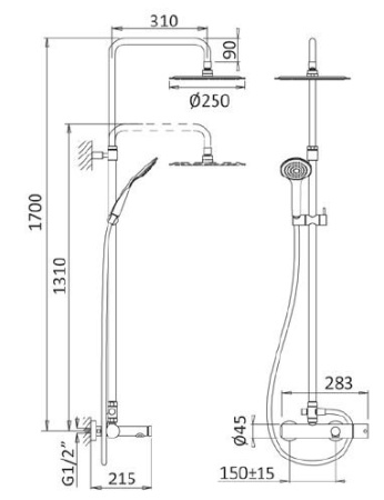 Душевая колонна со смесителем для ванны, верхним и ручным душем CEZARES CZR-B-CVD-NOP Душевая колонна со смесителем для ванны, верхним и ручным душем CEZARES CZR-B-CVD-NOP