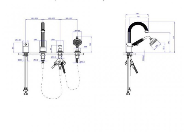 Смеситель на борт ванны с выдвижным душем и переключателем Cezares OLIMP-BVDM-03/24-L Смеситель на борт ванны с выдвижным душем и переключателем Cezares OLIMP-BVDM-03/24-L