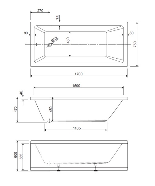 Акриловая ванна CEZARES PLANE SOLO-170-75-44-W37