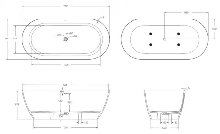 Ванна из искусственного камня Solid Surface CEZARES CZR-RELAX-170-80-57-SSB