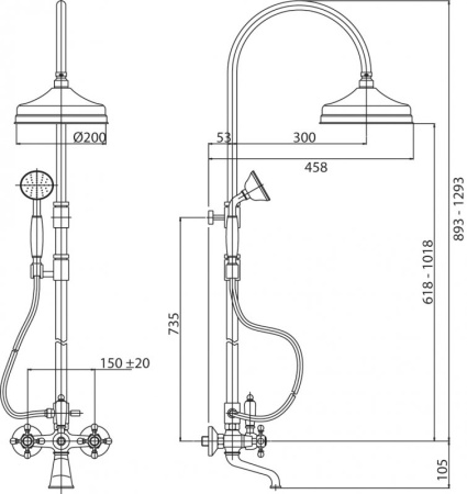 Душевая стойка со смесителем для ванны, верхним и ручным душем, 20 см Cezares LORD-CVD-03/24-M