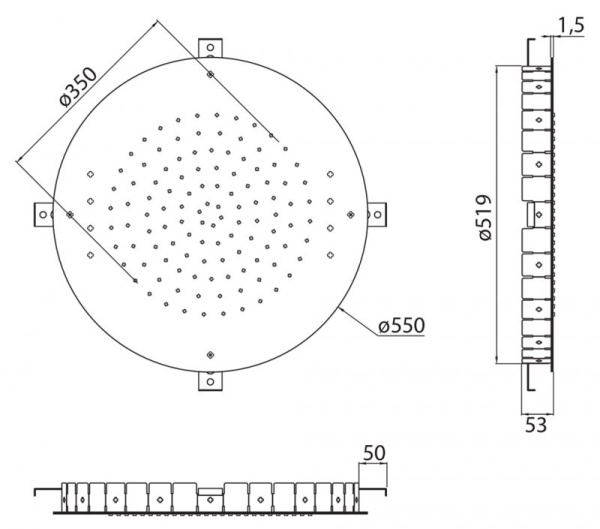 Верхний душ встраиваемый с функцией дождя с хромотерапией 9 цветов и пультом управления, диаметр 500