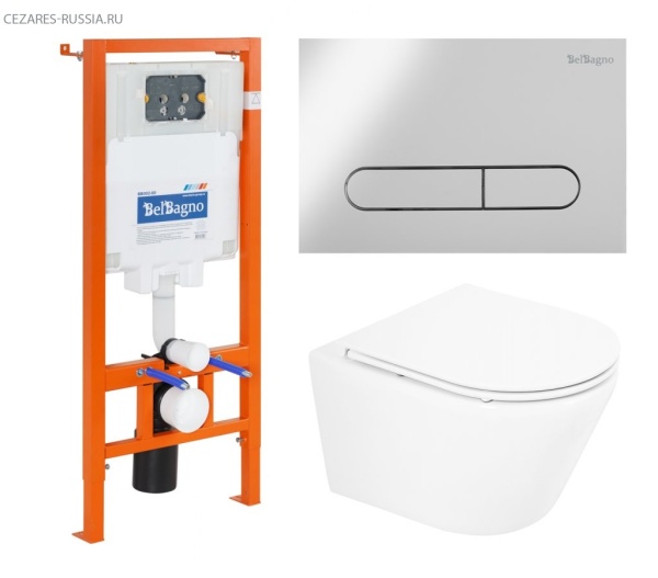 Унитаз подвесной с сиденьем BelBagno TRE + Система инсталляции для унитазов с кнопкой смыва BB014-SR Унитаз подвесной с сиденьем BelBagno TRE + Система инсталляции для унитазов с кнопкой смыва BB014-SR
