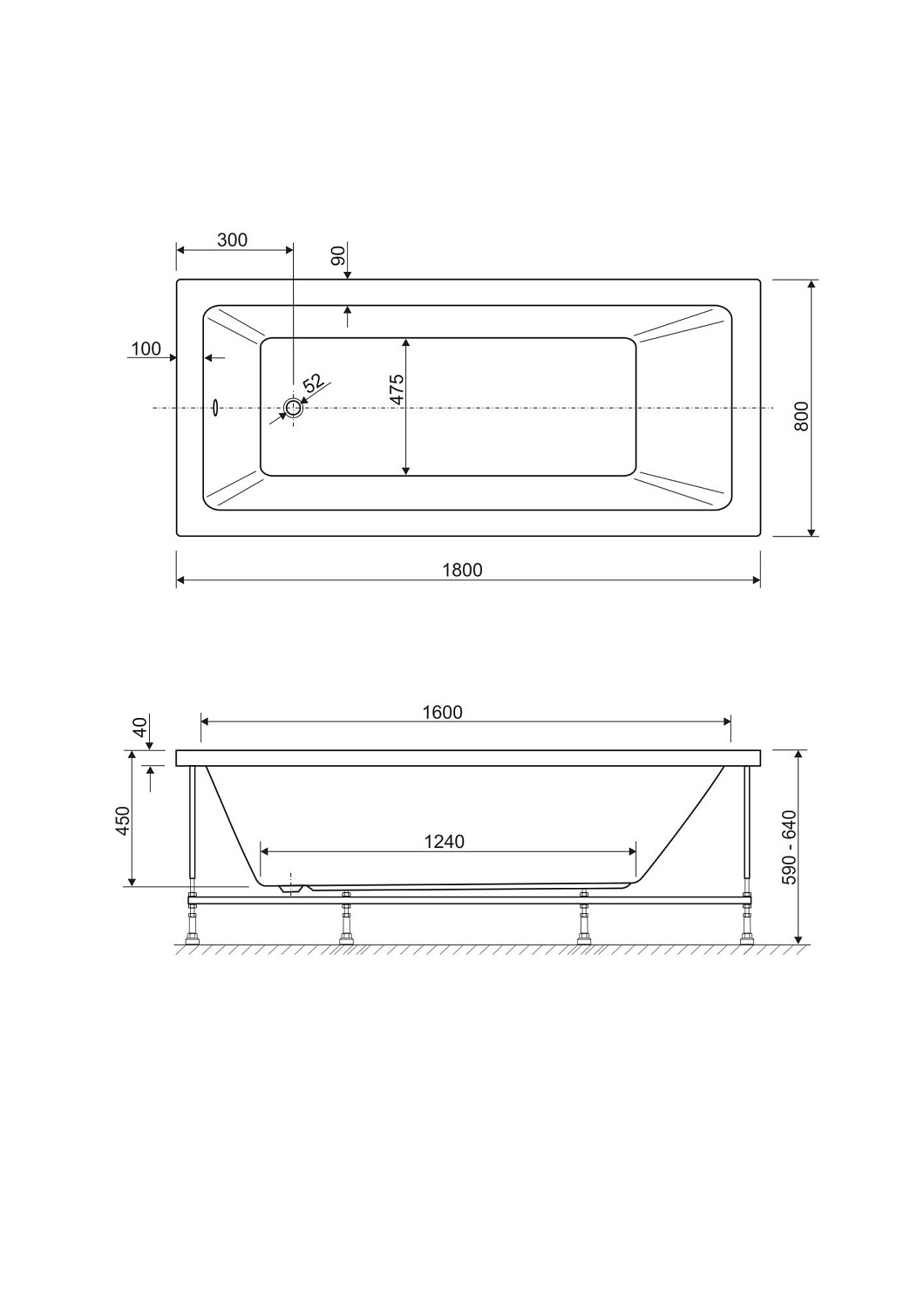 Акриловая ванна CEZARES PLANE SOLO-180-80-48-W37