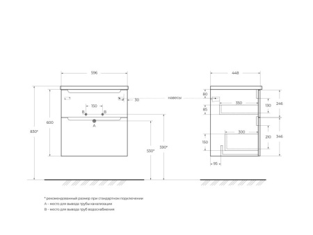 Столешница из МДФ с двумя отверстиями под раковину и с двумя отверстиями под смеситель, 1204x462x19 