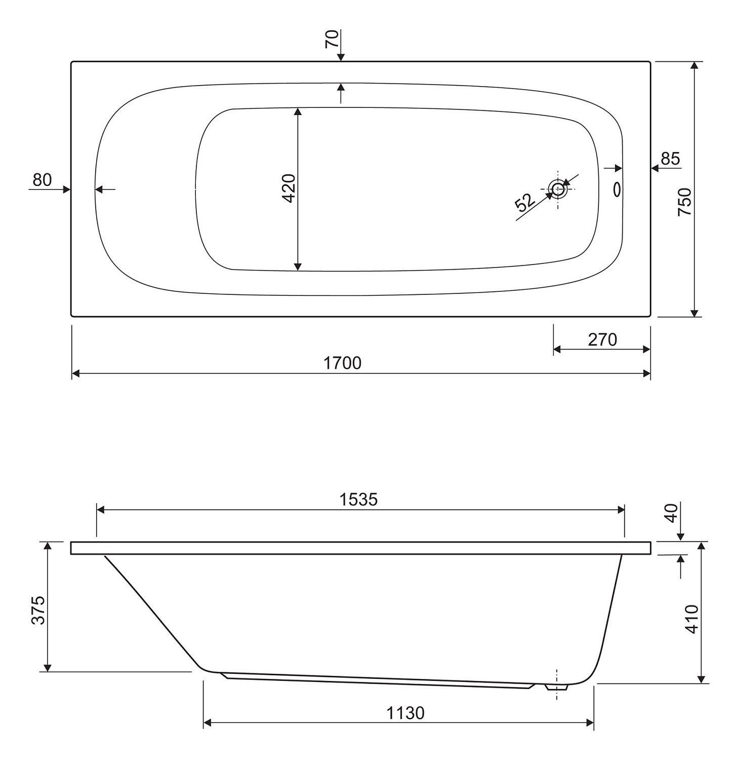 Акриловая ванна CEZARES ECO-170-75-41-W37