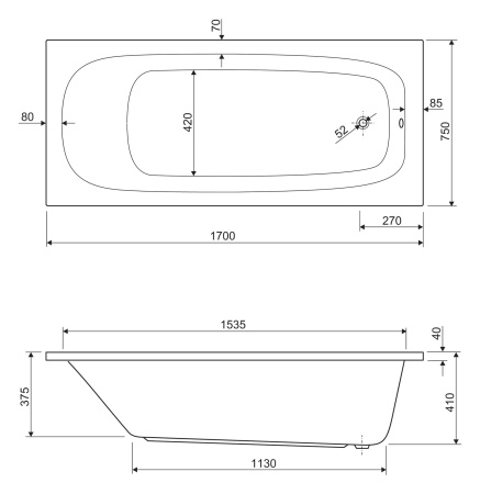 Акриловая ванна CEZARES ECO-170-75-41-W37