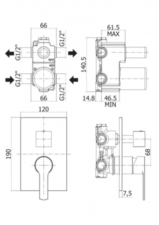 Встраиваемый однорычажный смеситель для душа с поворотным переключателем на 3 выхода с комбо положен Встраиваемый однорычажный смеситель для душа с поворотным переключателем на 3 выхода с комбо положен