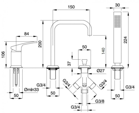 Смеситель на борт ванны однорычажный с выдвижным душем и переключателем Cezares LEGEND-BVDM-01
