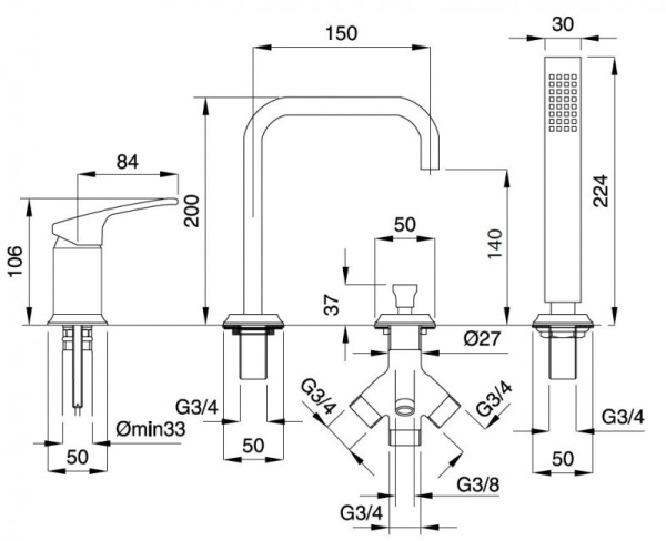 Смеситель на борт ванны однорычажный с выдвижным душем и переключателем Cezares LEGEND-BVDM-03/24