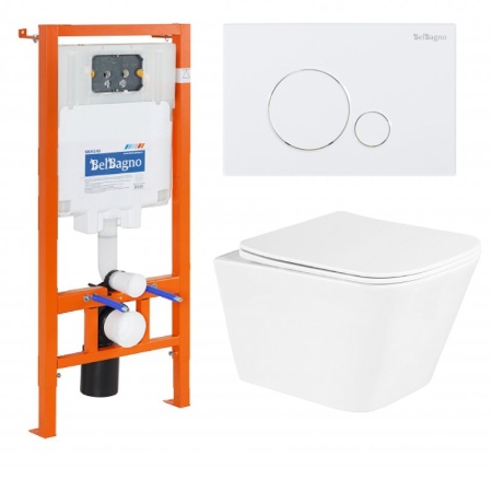 Унитаз подвесной с сиденьем BelBagno DUE + Система инсталляции для унитазов с кнопкой смыва BB005-PR