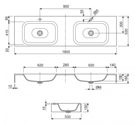 Консольная раковина из литьевого мрамора, двойная Cezares TITAN-1600-2-LVB-SOSPESO