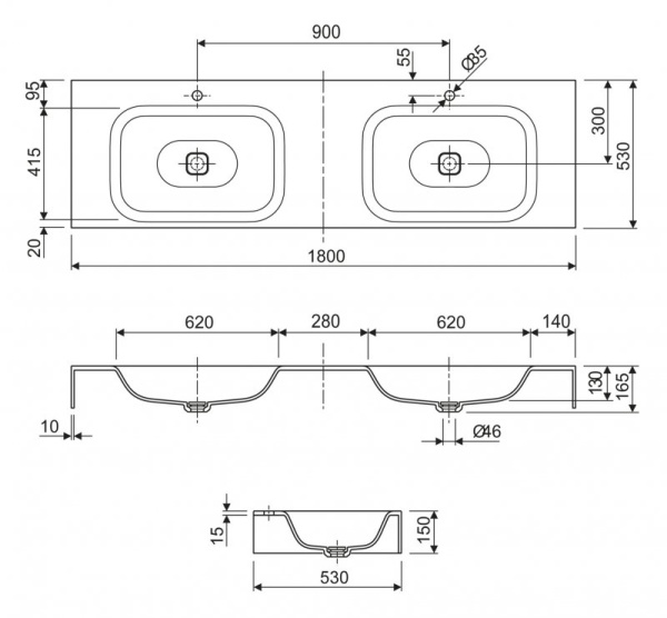 Консольная раковина из литьевого мрамора, двойная Cezares TITAN-2000-2-LVB-SOSPESO Консольная раковина из литьевого мрамора, двойная Cezares TITAN-2000-2-LVB-SOSPESO
