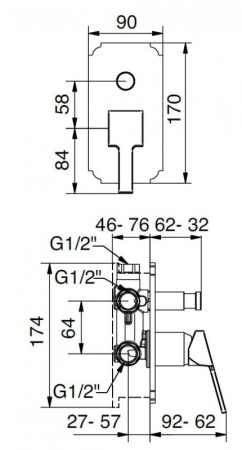 Встраиваемый однорычажный смеситель для душа с переключателем Cezares LEGEND-VDIM-03/24 Встраиваемый однорычажный смеситель для душа с переключателем Cezares LEGEND-VDIM-03/24