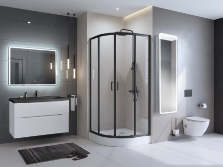 Зеркальный шкаф с одной распашной дверцей, с двумя стеклянными полками, со встроенной подсветкой и и