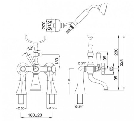 Смеситель на борт ванны с ручным душем Cezares GOLF-PBV-02-M