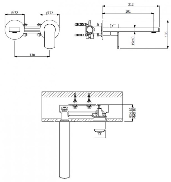 Смеситель для раковины встраиваемый, однорычажный, на 2 отверстия Cezares GLAM-BLI2-OI
