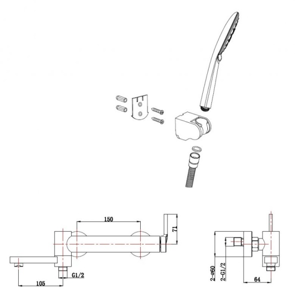 Смеситель для ванны и душа c ручным душем BelBagno ETNA ETN-SET-VDH-IN