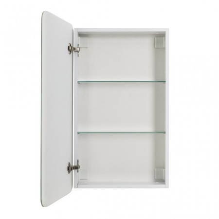 Зеркальный шкаф с одной распашной дверцей, с двумя стеклянными полками, со встроенной подсветкой и и