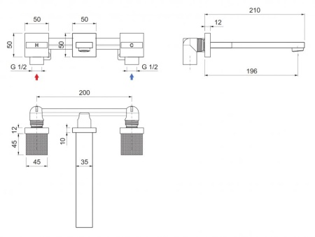 Смеситель для раковины встраиваемый на три отверстия Cezares PRIZMA-BLI3-NOP