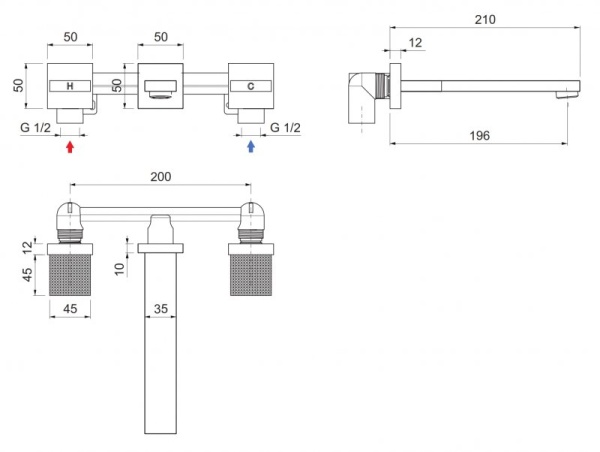 Смеситель для раковины встраиваемый на три отверстия Cezares PRIZMA-BLI3-NOP