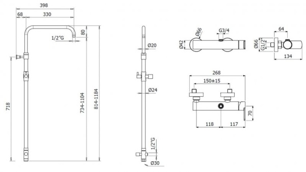 Душевая стойка со смесителем и верхним душем, диаметр 300 мм Cezares GLAM-CD-OI