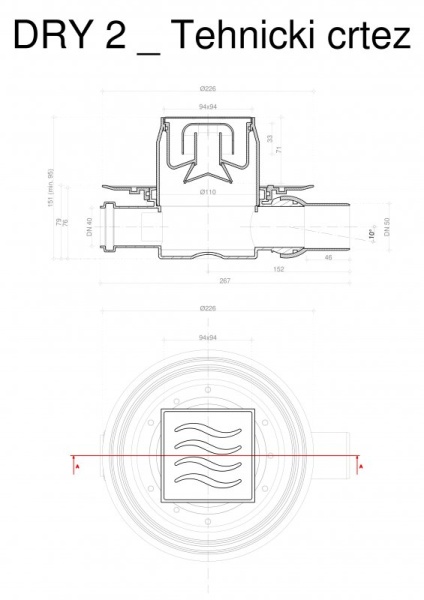 Точечный трап 100х100 мм Confluo Standard Vertical Dry,с сухим затвором, металл с перфорацией Tide (