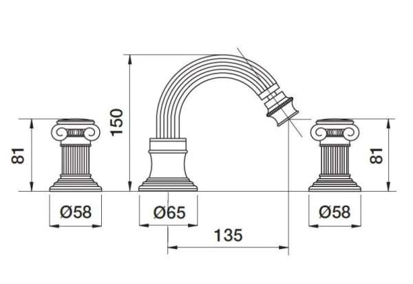 Смеситель для биде на три отверстия с донным клапаном Cezares APHRODITE-BBS2-03/24-S1