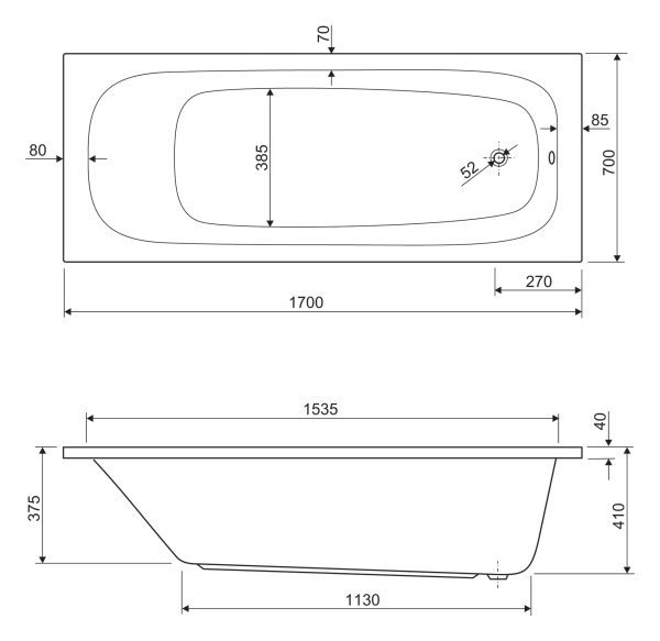 Акриловая ванна CEZARES ECO-170-70-40-W37
