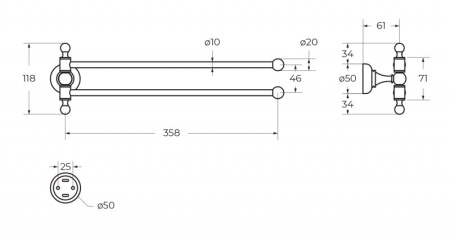 Полотенцедержатель двойной, поворотный, золото Cezares APHRODITE-TD09-03/24-M