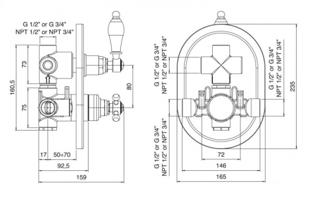Встраиваемый термостатический смеситель на 2 выхода, с девиатором Cezares VINTAGE-VDIM2-T-03/24-Sw-N