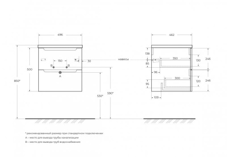 База под раковину подвесная с двумя выкатными ящиками, с доводчиками 500x460x500 BelBagno ETNA-500-2