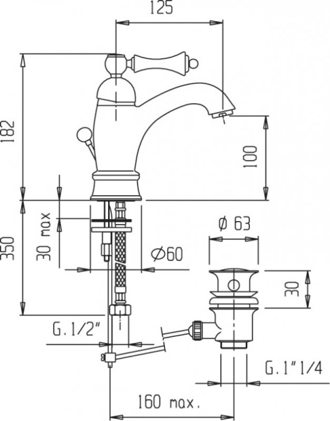 Смеситель для раковины удлиненный с донным клапаном Cezares MARGOT-LSM1-A-02-Bi