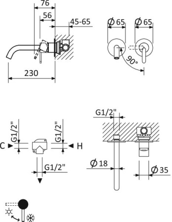 Смеситель для раковины встраиваемый CEZARES LEAF-BLI2-L-GM