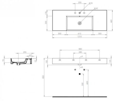 Керамическая раковина, чаша в центре 121x46x12,5 Cezares TW13011
