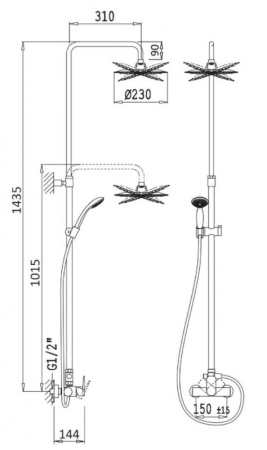  Душевая стойка телескопическая со смесителем, с верхним и ручным душем, верхний душ диаметр 230 мм 
