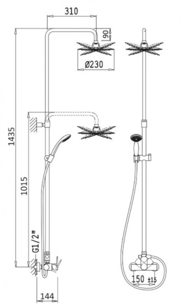  Душевая стойка телескопическая со смесителем, с верхним и ручным душем, верхний душ диаметр 230 мм 