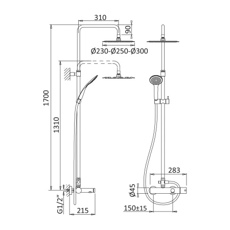 Душевая колонна со смесителем для ванны, верхним и ручным душем CEZARES CZR-B-CVD-01 Душевая колонна со смесителем для ванны, верхним и ручным душем CEZARES CZR-B-CVD-01