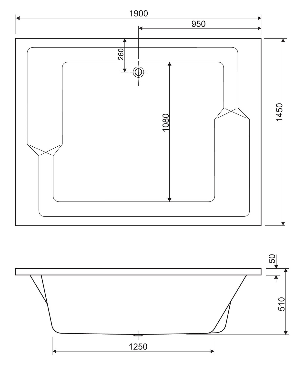 Акриловая ванна CEZARES PLANE_DUO-190-145-51-W37