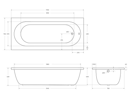 Акриловая ванна CEZARES PIAVE-170-75-41-W37