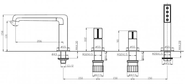 Смеситель на борт ванны BelBagno UNO UNO-BVD4-CRM Смеситель на борт ванны BelBagno UNO UNO-BVD4-CRM