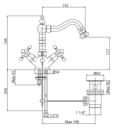 Смеситель для биде c донным клапаном Cezares LORD-BS2-03/24
