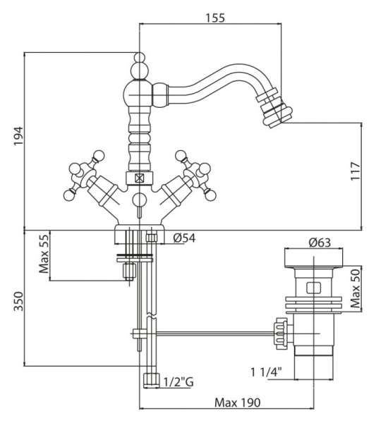 Смеситель для биде c донным клапаном Cezares LORD-BS2-03/24
