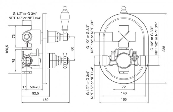 Встраиваемый термостатический смеситель на 2 выхода,с девиатором Cezares VENEZIA-VDIM2-T-03/24-Bi