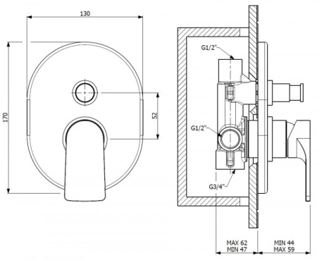 Встраиваемый однорычажный смеситель для душа с переключателем на 2 выхода Cezares LAGOS-VDIM-NOP Встраиваемый однорычажный смеситель для душа с переключателем на 2 выхода Cezares LAGOS-VDIM-NOP
