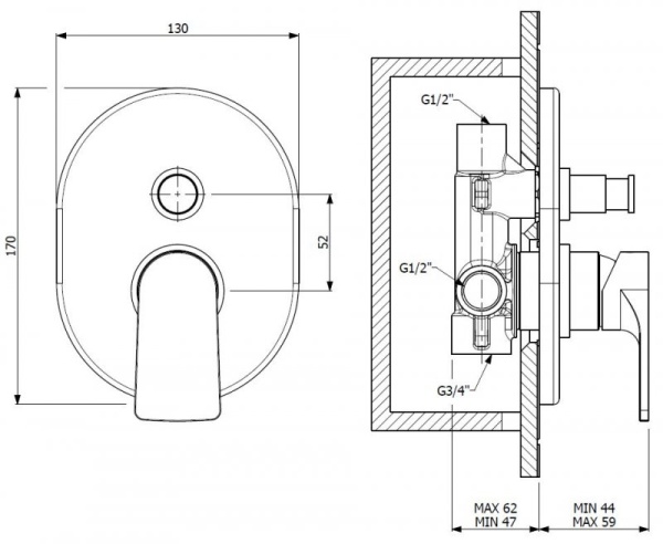 Встраиваемый однорычажный смеситель для душа с переключателем на 2 выхода Cezares LAGOS-VDIM-NOP Встраиваемый однорычажный смеситель для душа с переключателем на 2 выхода Cezares LAGOS-VDIM-NOP