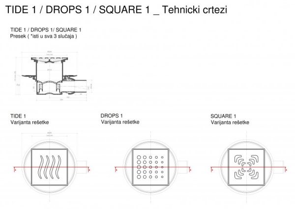 Точечный трап 150х150 мм CONFLUO STANDARD TIDE 1, металл с перфорацией Tide (Волна), без рамки PESTA