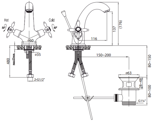 Смеситель для раковины с донным клапаном Cezares NOSTALGIA-LS1-03/24
